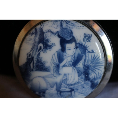119 - Double Mirrored Compact with Oriental Scene Pottery Top