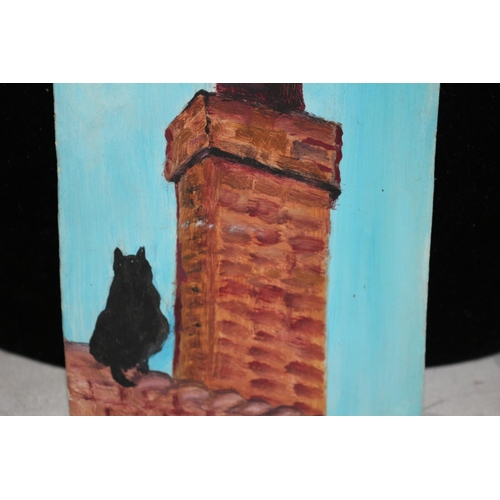 130 - Unsigned Watercolour on Board of Cat on a Chimney