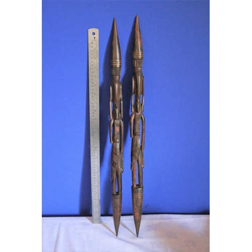 187 - Pair of African Hard Wood, Hand Carved Items in the Design of  Warriors. Both Have Copper Inlay