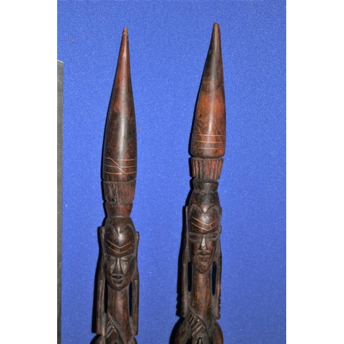 187 - Pair of African Hard Wood, Hand Carved Items in the Design of  Warriors. Both Have Copper Inlay