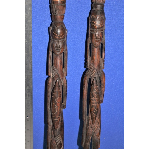 187 - Pair of African Hard Wood, Hand Carved Items in the Design of  Warriors. Both Have Copper Inlay