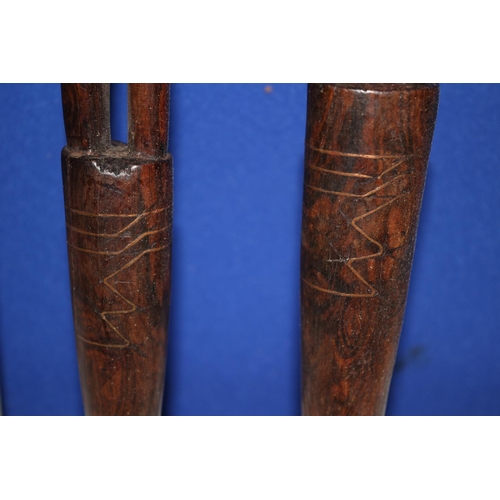 187 - Pair of African Hard Wood, Hand Carved Items in the Design of  Warriors. Both Have Copper Inlay