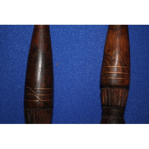 187 - Pair of African Hard Wood, Hand Carved Items in the Design of  Warriors. Both Have Copper Inlay