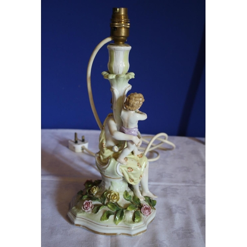 19 - Ornate Porcelain Lamp with 2 Figures and Floral Design