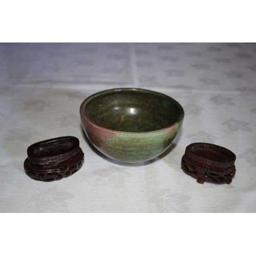 24 - 3 Items, 2 x Small Wooden Stands and 1 x Small Stone Rice Bowl