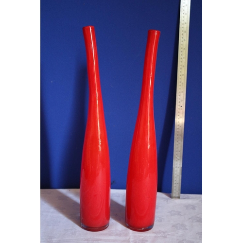 31 - Pair of Tall Curved Glass Vases in Brilliant Red Colour