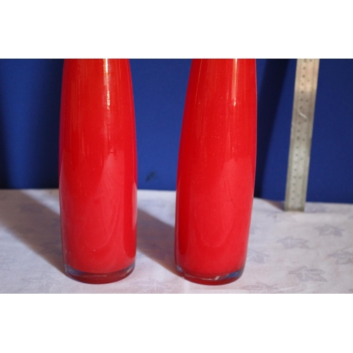 31 - Pair of Tall Curved Glass Vases in Brilliant Red Colour