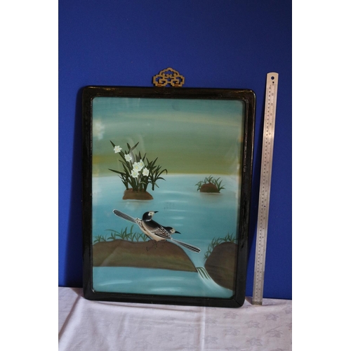 35 - Mid Century Beautiful Hand Painted on Glass Japanese Wall Plaques in Original Frame