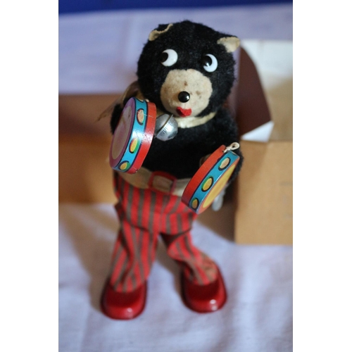 88 - Vintage Mechanical Toy in Box - Bear Playing the Tambourine with Bells