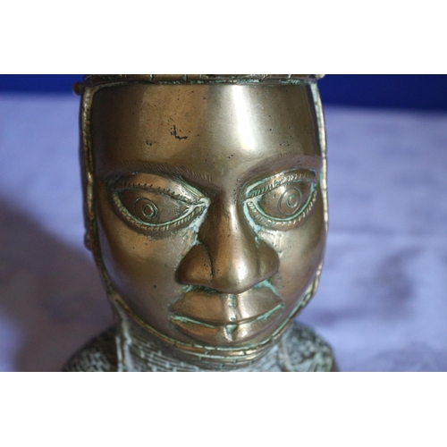 93 - Heavy Bronze Reproduction Benin Statue Depicting African Tribal Man with Ceremonial Headdress