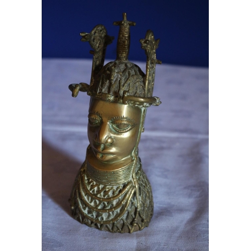 94 - Heavy Bronze Reproduction Benin Statue Depicting African Tribal Woman with Ceremonial Headdress and ... 