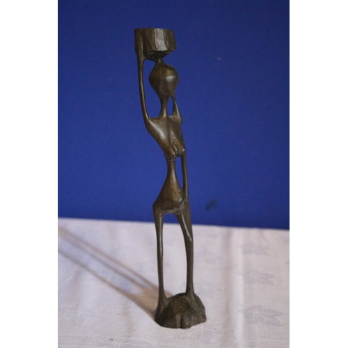 59 - Jameson J Stone Figure and Hand Vintage African Carved Wood Figure of Naked Water Carrier