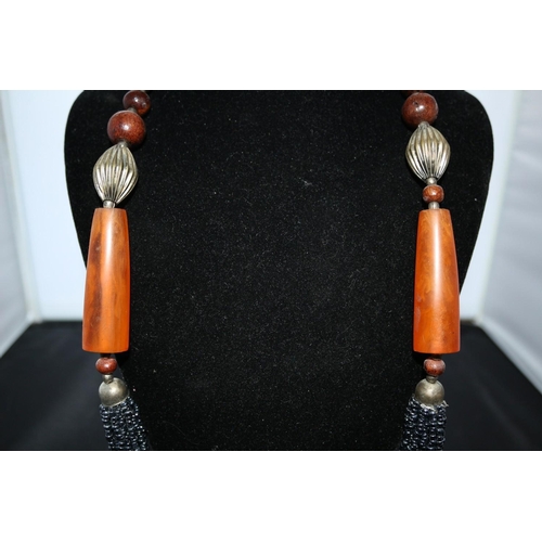 235 - Decorative Bold Statement Piece Necklace with Rows Haematite Beads and Lucite and Wood Beaded Chain