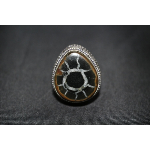 240 - Statement Piece 925 Silver Ring with Ornate Scrolling and Large Cappuccino Stone Inset