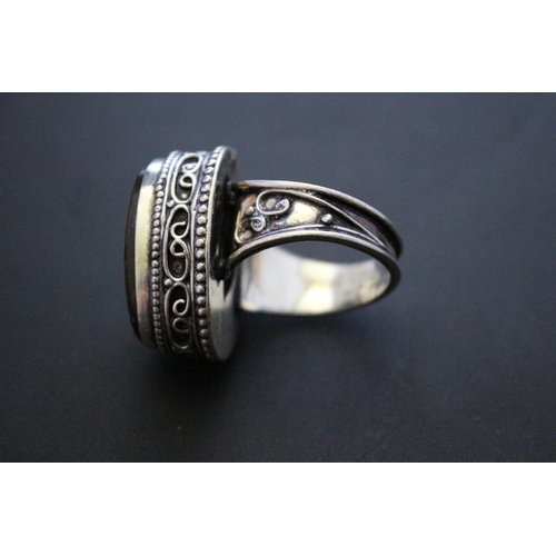 240 - Statement Piece 925 Silver Ring with Ornate Scrolling and Large Cappuccino Stone Inset