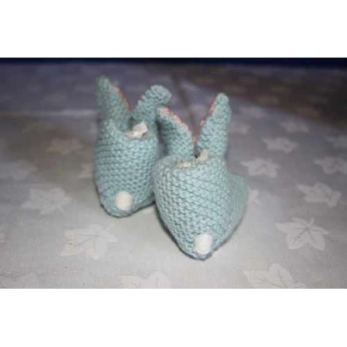 423 - Pair of Vintage Hand Made Woolen Baby Shoes in the Shape of a Rabbit