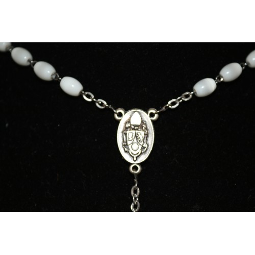 429 - White Beaded Rosary Chain Necklace with St. Michael Pendant