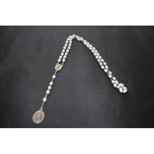 429 - White Beaded Rosary Chain Necklace with St. Michael Pendant