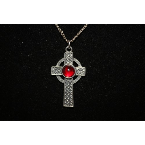 430 - A White Metal Celtic Cross With Red Stone Pendant Necklace