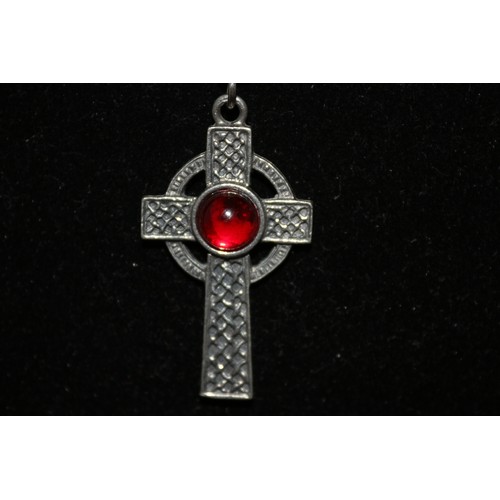 430 - A White Metal Celtic Cross With Red Stone Pendant Necklace