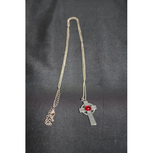 430 - A White Metal Celtic Cross With Red Stone Pendant Necklace