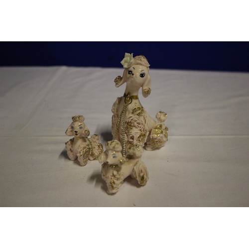 510 - Vintage Trio of Poodles, Mother and Pups in Pottery. Pale Pink Shade.