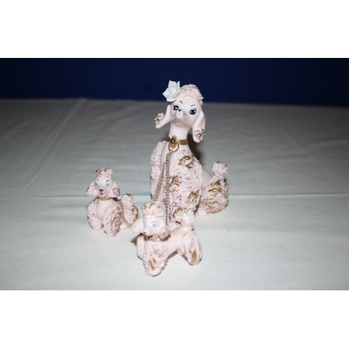 510 - Vintage Trio of Poodles, Mother and Pups in Pottery. Pale Pink Shade.