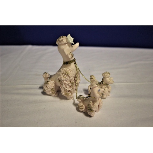 510 - Vintage Trio of Poodles, Mother and Pups in Pottery. Pale Pink Shade.