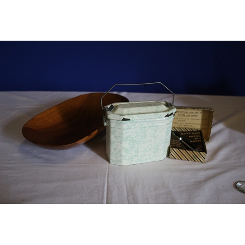 520 - 3 Vintage Items - Treen Bowl, Enameled Carrier Box and a Butter Pat Maker in Original Box