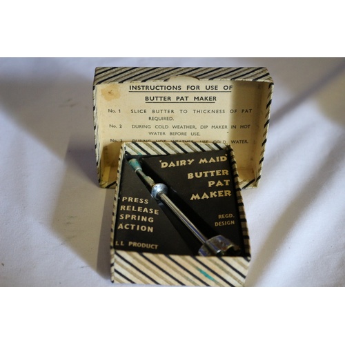 520 - 3 Vintage Items - Treen Bowl, Enameled Carrier Box and a Butter Pat Maker in Original Box