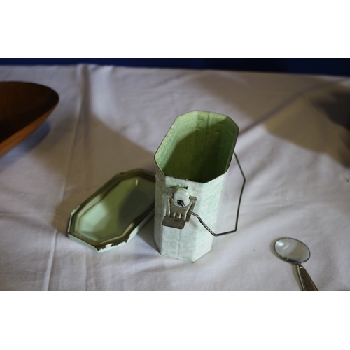 520 - 3 Vintage Items - Treen Bowl, Enameled Carrier Box and a Butter Pat Maker in Original Box