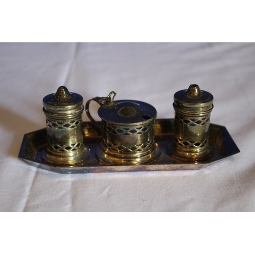 540 - Vintage EPNS Condiment Set with Blue Glass Inserts on tray - Ornate