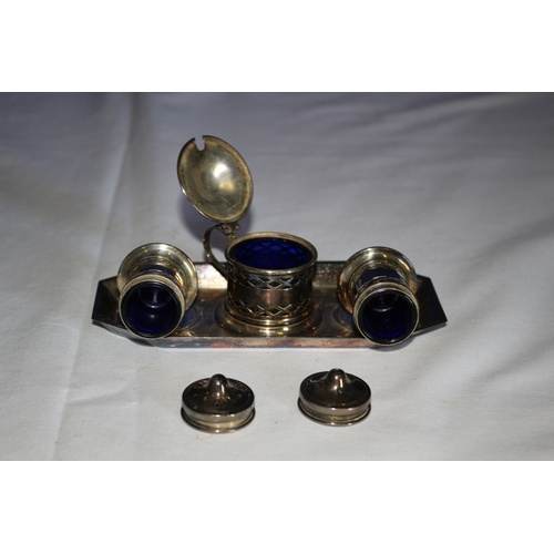 540 - Vintage EPNS Condiment Set with Blue Glass Inserts on tray - Ornate