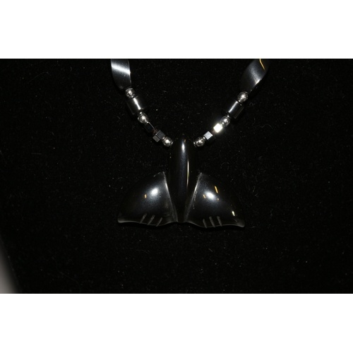 543 - A Modern Pendent Necklace with a Whales Tail Design and Matching Earrings - Main Colour is Graphite ... 