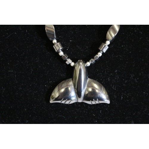 543 - A Modern Pendent Necklace with a Whales Tail Design and Matching Earrings - Main Colour is Graphite ... 