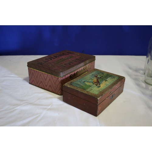 554 - 2 Vintage Boxes. Tin Radiance Toffee Box and a Wooden Hinged Box with an Unusual Picture on the Lid