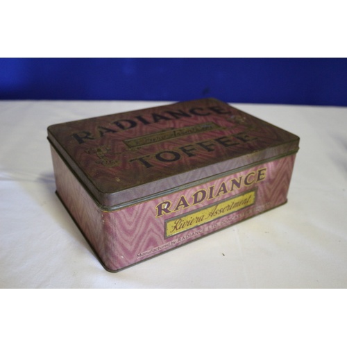 554 - 2 Vintage Boxes. Tin Radiance Toffee Box and a Wooden Hinged Box with an Unusual Picture on the Lid