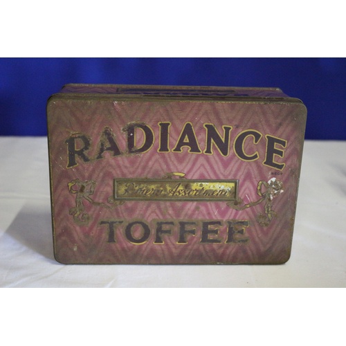 554 - 2 Vintage Boxes. Tin Radiance Toffee Box and a Wooden Hinged Box with an Unusual Picture on the Lid