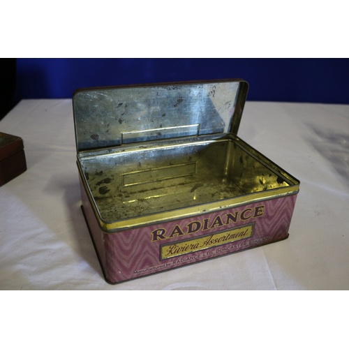 554 - 2 Vintage Boxes. Tin Radiance Toffee Box and a Wooden Hinged Box with an Unusual Picture on the Lid