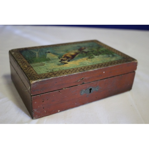 554 - 2 Vintage Boxes. Tin Radiance Toffee Box and a Wooden Hinged Box with an Unusual Picture on the Lid