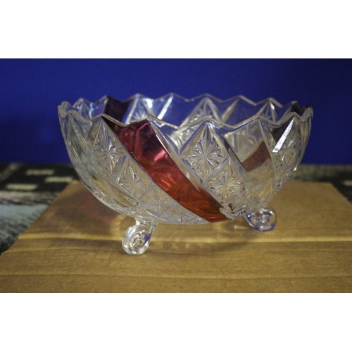 592 - Heavy Patterned Glass Fruit Bowl with Cranberry Colour Inlays