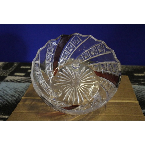 592 - Heavy Patterned Glass Fruit Bowl with Cranberry Colour Inlays