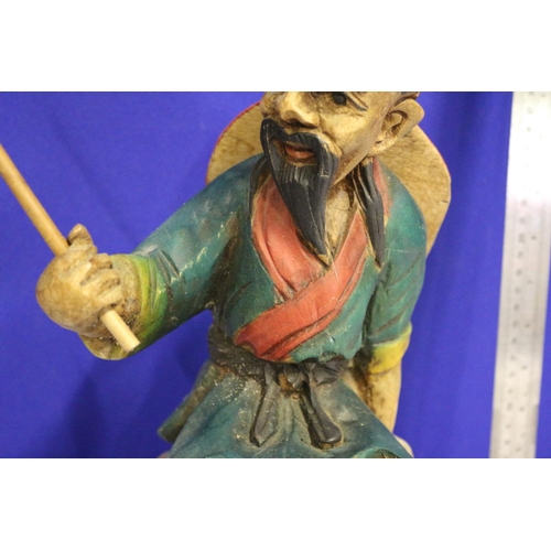 10 - Hand Carved Wooden Vintage Statue of a Japanese/Chinese Fisherman with Rod and Caught Fish