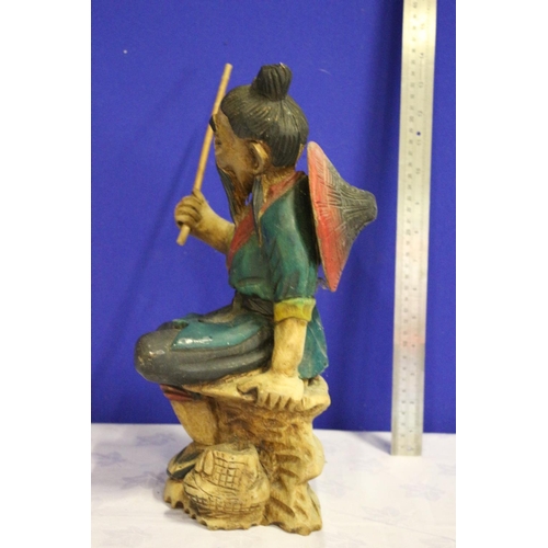 10 - Hand Carved Wooden Vintage Statue of a Japanese/Chinese Fisherman with Rod and Caught Fish