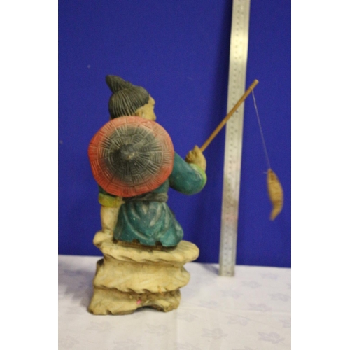 10 - Hand Carved Wooden Vintage Statue of a Japanese/Chinese Fisherman with Rod and Caught Fish