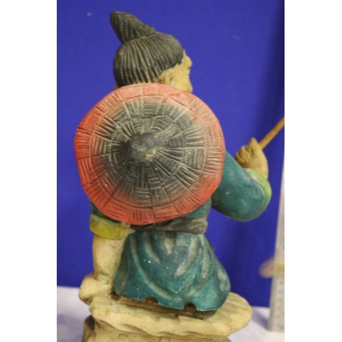 10 - Hand Carved Wooden Vintage Statue of a Japanese/Chinese Fisherman with Rod and Caught Fish