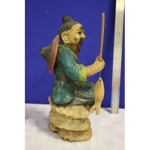 10 - Hand Carved Wooden Vintage Statue of a Japanese/Chinese Fisherman with Rod and Caught Fish