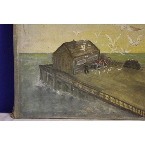 13 - Vintage Water Scene Painting with Seagulls and Pier. On the Reverse is another Painting of Flowers -... 