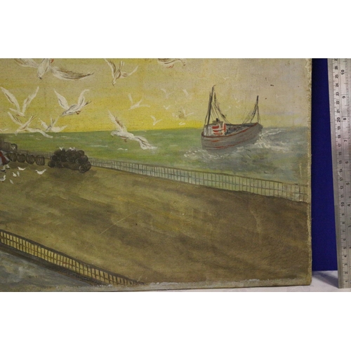 13 - Vintage Water Scene Painting with Seagulls and Pier. On the Reverse is another Painting of Flowers -... 