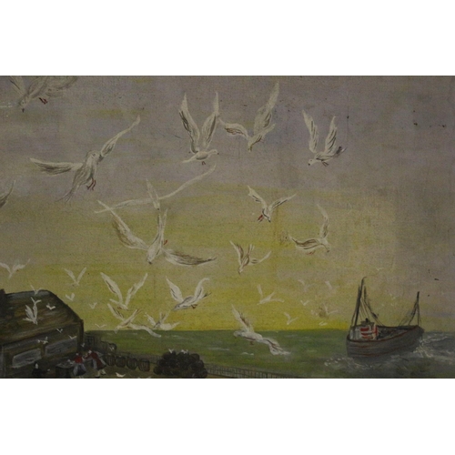 13 - Vintage Water Scene Painting with Seagulls and Pier. On the Reverse is another Painting of Flowers -... 